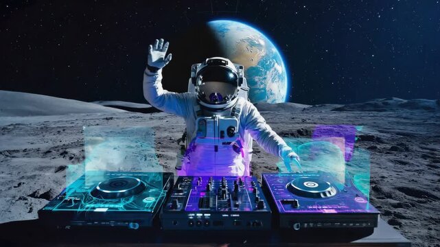 Astronaut is using a futuristic dj set, playing music on the surface of the moon, with planet earth visible in the background, creating a surreal and futuristic party scene