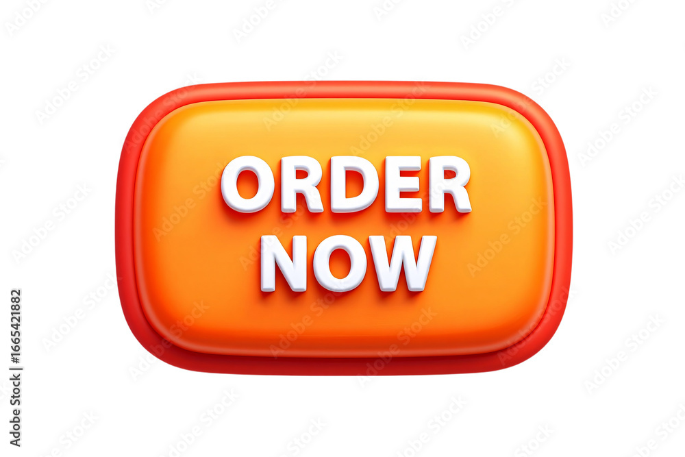 Poster bright orange 3d button with white text order now isolated on transparent background