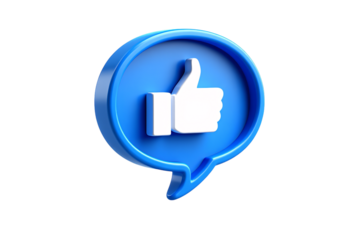 Blue social media like button icon with thumbs up symbol isolated on transparent background