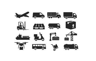 Diverse transportation and delivery icons in silhouette style