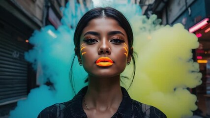 Young woman showcasing bright fluorescent orange lipstick and artistic face paint while posing in an urban environment, surrounded by vibrant green and yellow smoke bombs - Powered by Adobe