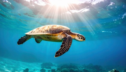 Obraz premium Sea turtle swimming gracefully in clear turquoise ocean water, vibrant underwater scene with wide negative space for commercial and editorial use