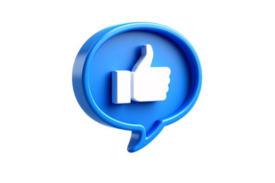 Blue social media like button icon with thumbs up symbol isolated on transparent background