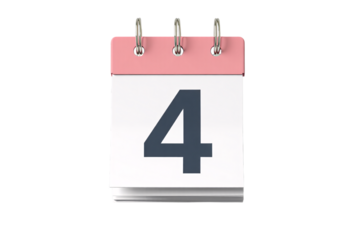 A pink and white tear off calendar page showing the number four isolated on transparent background