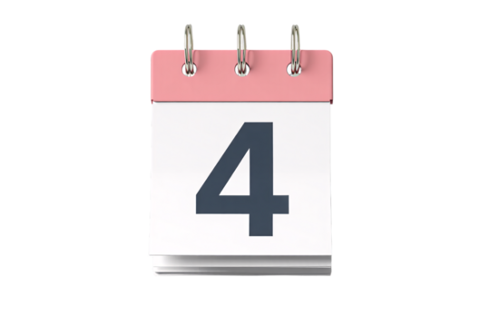A pink and white tear off calendar page showing the number four isolated on transparent background