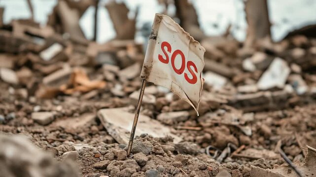 Tattered white flag bearing crimson SOS signal hanging over demolished cityscape, signaling desperate humanitarian crisis during armed conflict