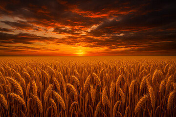 Endless golden wheat field under dramatic sunset sky with orange clouds and warm natural lighting.
