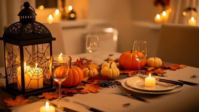 Elegant Halloween table setting with pumpkins, candles, and spiderweb lantern creates a cozy, festive atmosphere for a memorable autumnal celebration