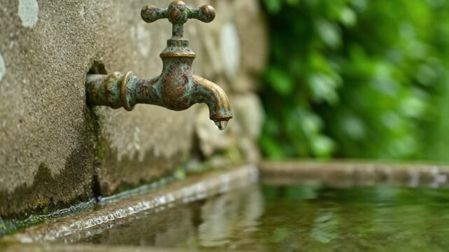 A tarnished brassy water tap mounted on a stone wall drips into a small algaelined basin filled with water Lush foliage is visible