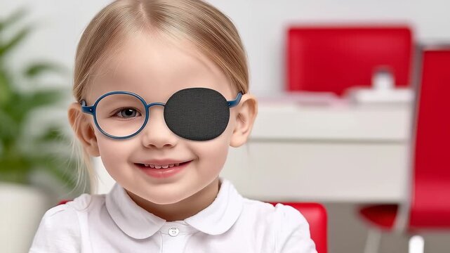 Close up portrait of a cheerful little girl wearing an eye patch over her glasses, undergoing vision therapy