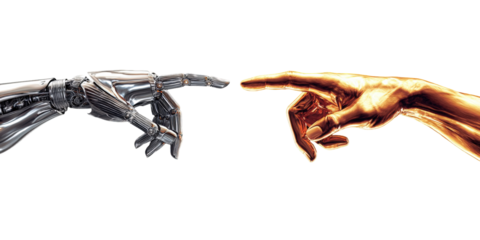 A chrome robotic hand and a golden metallic hand reaching to touch referencing a classic creation pose.