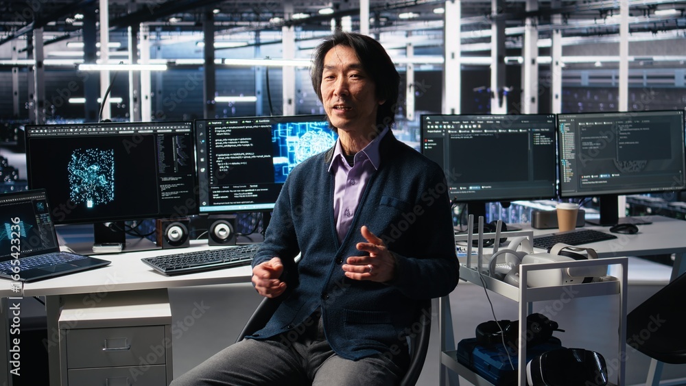Poster data center admin waving hand, filming presentation tour, showcasing mainframes and ai technology. u