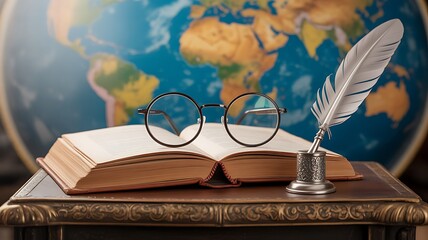 Vintage education still life open book, spectacles, quill, and globe representing global knowledge and learning