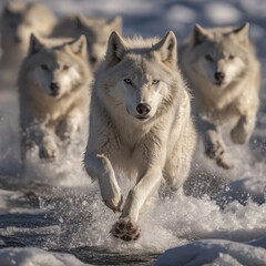 Obraz premium Wolves navigating treacherous icy terrain, their balance and agility showcased in every step, dramatic and intense, copy space. 