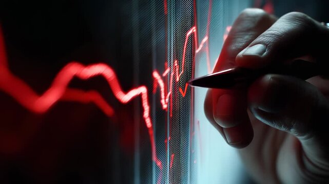 Hand draws graph on screen. Red chart line shaped by pen. Pen drawing financial analysis. Screen with data graph. Hand and pen close-up. Drawing graph chart. Hand sketches finance data.
