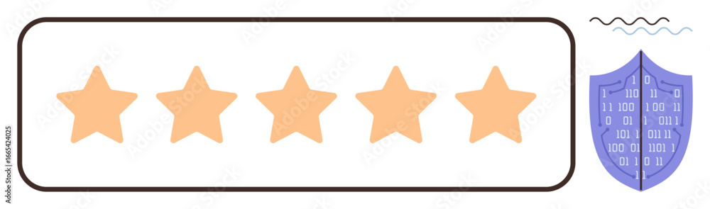 Poster row of five orange stars in a rectangular frame next to a purple shield with binary code. ideal for 