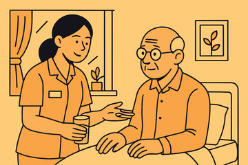 Caring nurse assisting elderly man with a glass of water