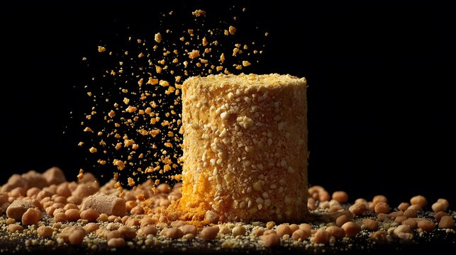 A cylindrical pastry is covered in crushed nuts with some of it scattered around the pastry and in the air, all against a black background.