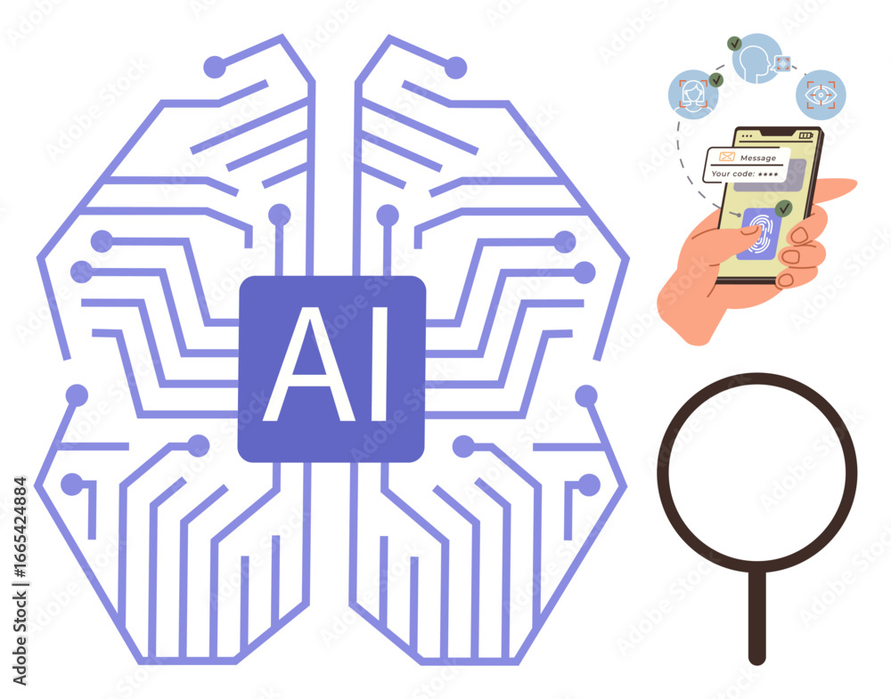 Poster neural network brain with ai label, hand using smartphone for messaging, magnifying glass highlighti
