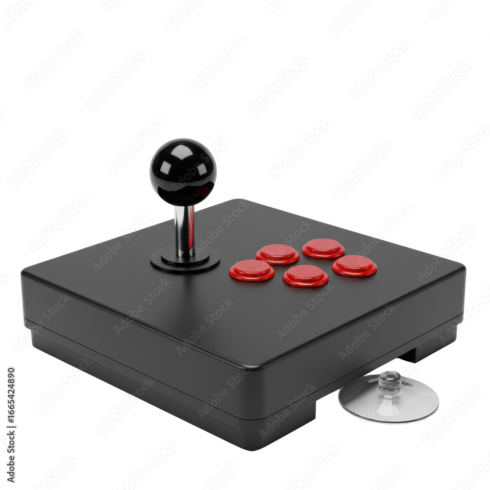 Poster a pristine, black vintage-style arcade joystick with a red button and chrome shaft, featuring a suct