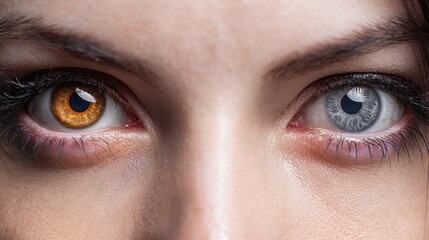 Close-up on a human face featuring heterochromia. One eye is amber colored, while the other eye displays a cool blue-gray color. The different colored eyes are captivating