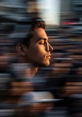 Calmness Amidst Urban Chaos: Portrait of a Man with Eyes Closed