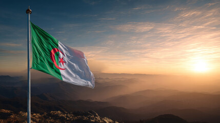 Algerian flag proudly waves against a beautiful sunset on Independence Day