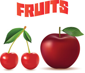 Two cherries on a white background and an apple 