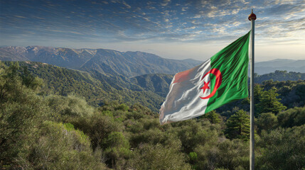 Algeria's national flag waving proudly in the wind on Independence Day against a mountainous backdrop
