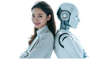 Confident Asian businesswoman and a sleek white humanoid robot standing back-to-back in a collaborative pose.