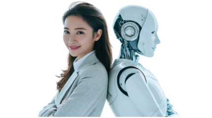 Confident Asian businesswoman and a sleek white humanoid robot standing back-to-back in a collaborative pose.