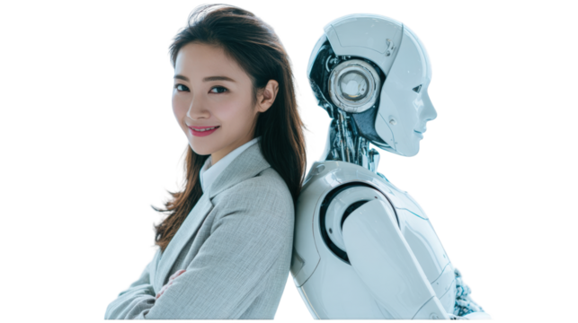 Confident Asian businesswoman and a sleek white humanoid robot standing back-to-back in a collaborative pose.