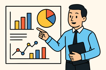 Businessman presenting financial charts and graphs with pie chart