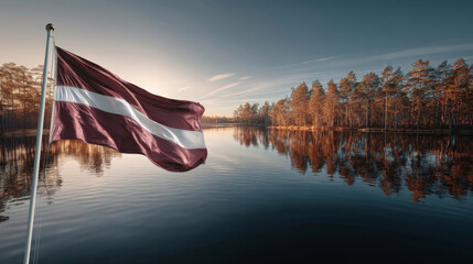 Latvian flag proudly waving against a serene lake backdrop on Independence Day celebration