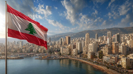 Obraz premium Vibrant Lebanon flag waving against a backdrop of Beirut cityscape on Independence Day
