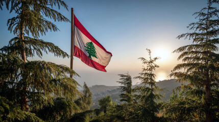 Lebanon flag waving proudly against a sunset backdrop on Independence Day and Flag Day celebration