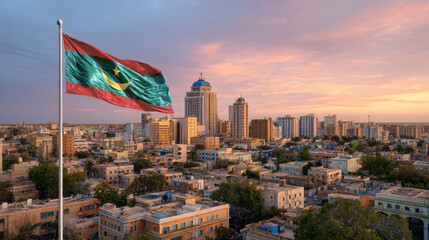 Mauritania flag waving against a vibrant sunset in the cityscape on Independence Day
