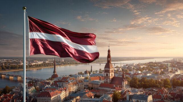 Celebration of Latvian Independence Day with the national flag waving in the breeze over Riga cityscape - Powered by Adobe