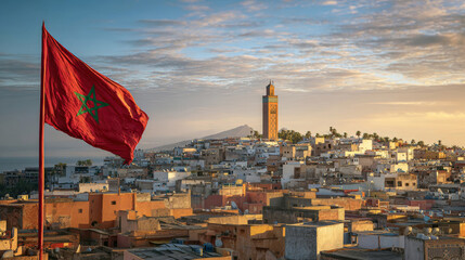 Morocco flag waving proudly against the sunset skyline during Independence Day celebrations