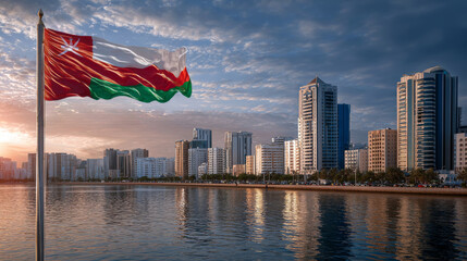 Oman flag proudly waving in the wind on Independence Day along a vibrant city skyline