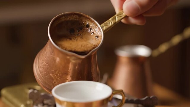 Close-Up of Hand Brewing Authentic Traditional Turkish Coffee in a Copper Cezve Pot on a Stove.