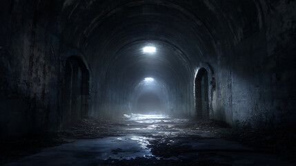 Obraz premium Mysterious underground tunnel illuminated by dim lights in a dark, damp environment