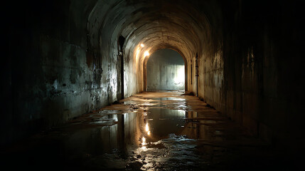 Fototapeta premium Exploring an abandoned underground tunnel with water reflecting light in a dimly lit atmosphere