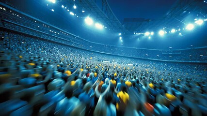 Enthusiastic fans cheering, waving hands during nighttime concert with dynamic lighting, pulsing energy filling packed stadium
