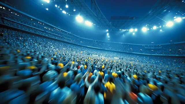 Enthusiastic fans cheering, waving hands during nighttime concert with dynamic lighting, pulsing energy filling packed stadium