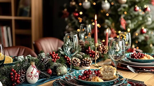 Festive christmas dinner table setting includes a decorated christmas tree, lit red candle, elegant tableware, delicious food, and various ornaments creating a warm and inviting holiday ambiance