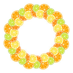 Fresh citrus fruits circle frame on transparent background. Summer wreath with slices of orange, lemon and lime. Hand drawn round border. Vector illustration.