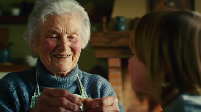 Old grandmother offering candy to her grandchild, both smiling warmly, cozy rustic kitchen