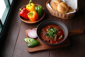 Hearty beef stew served with freshly baked bread and colorful bell peppers