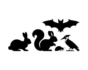 Obraz premium Woodland Animals Silhouette Set - Bat, Squirrel, Rabbit, Bird
